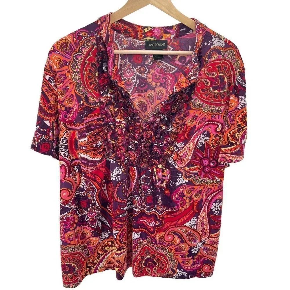Lane Bryant Womens Paisley Blouse Top Short Sleeve Stretch Red Purple Size 18/20